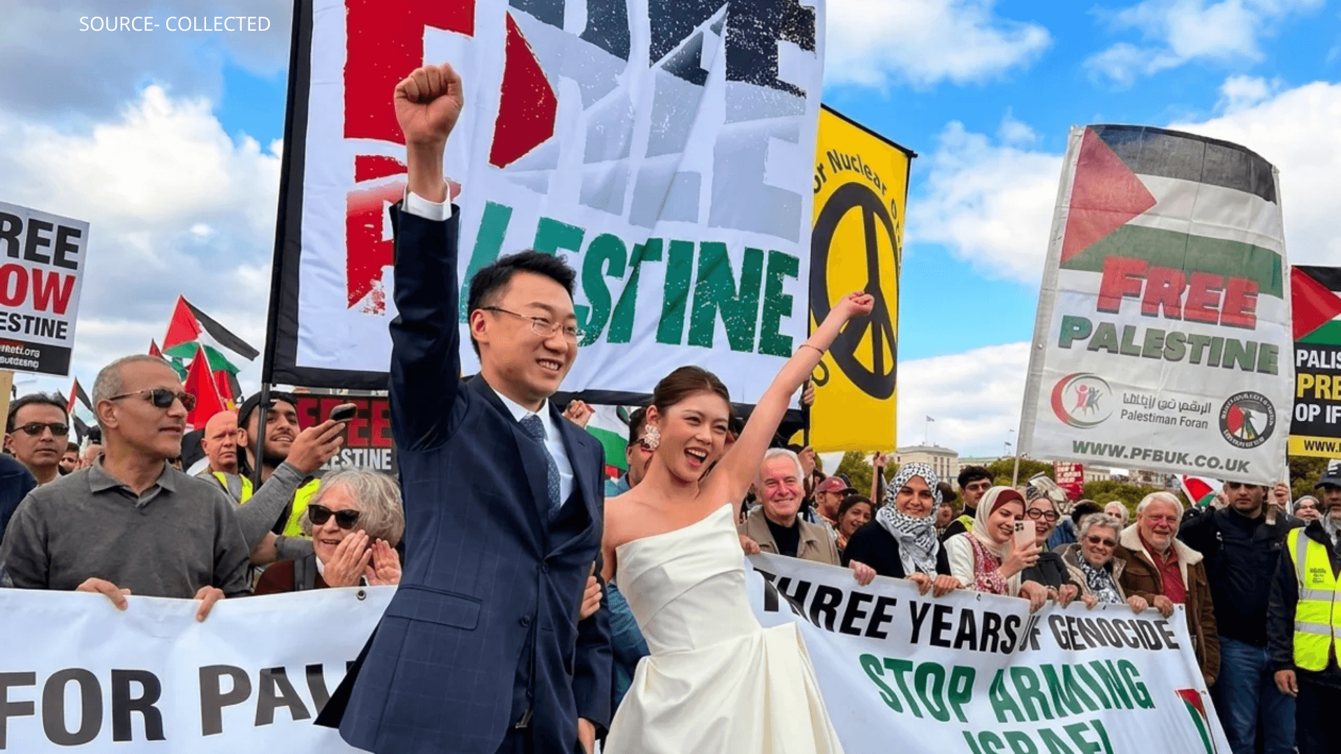 Newlywed Couple Joins Pro-Palestine March During Wedding Photoshoot in London
